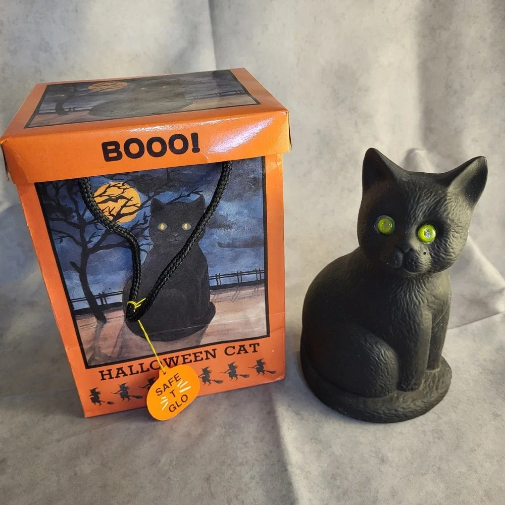 Vintage Halloween Black Cat Pumpkin Votive Tealight Holder Glowing Eyes